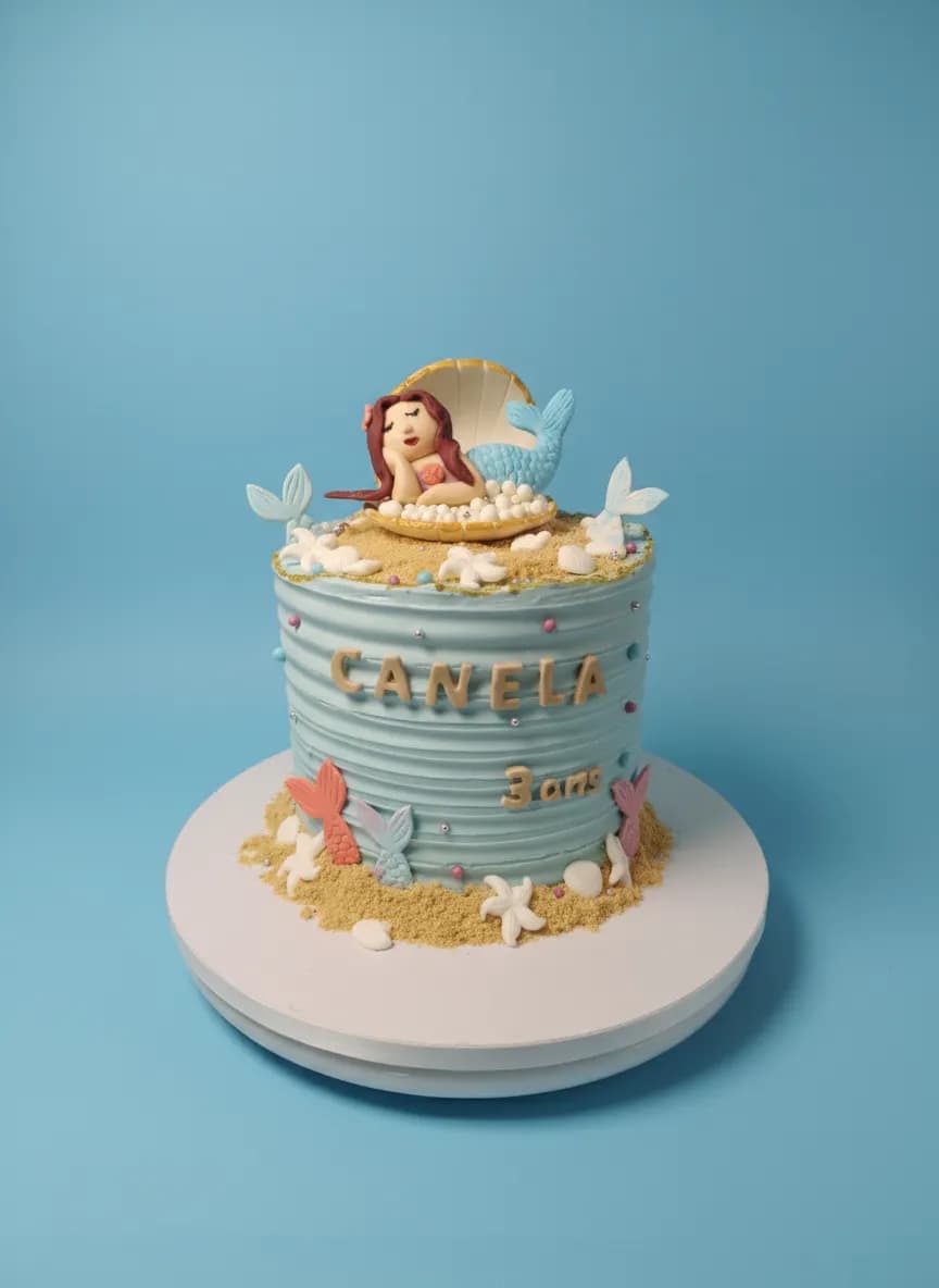 Gâteau d'anniversaire petite sirène bleu avec coquillages en sucre