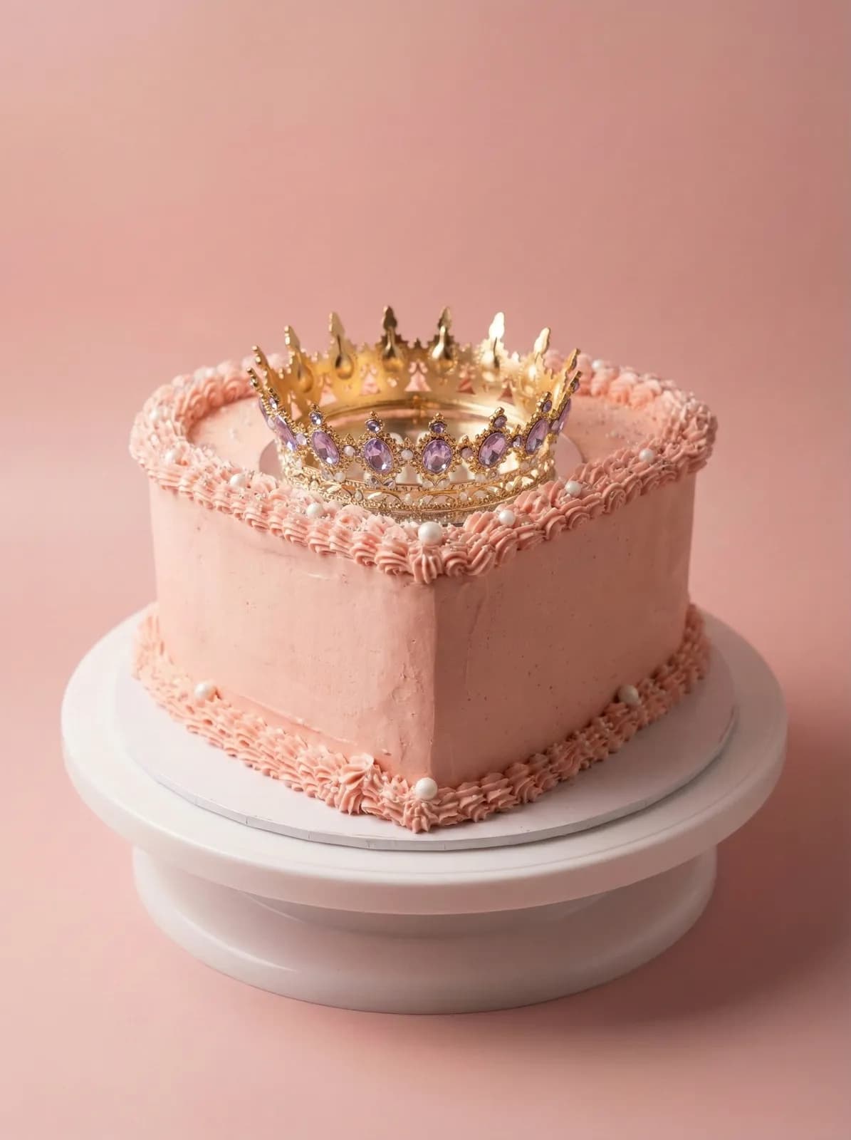 Gâteau cœur vintage rose avec couronne dorée