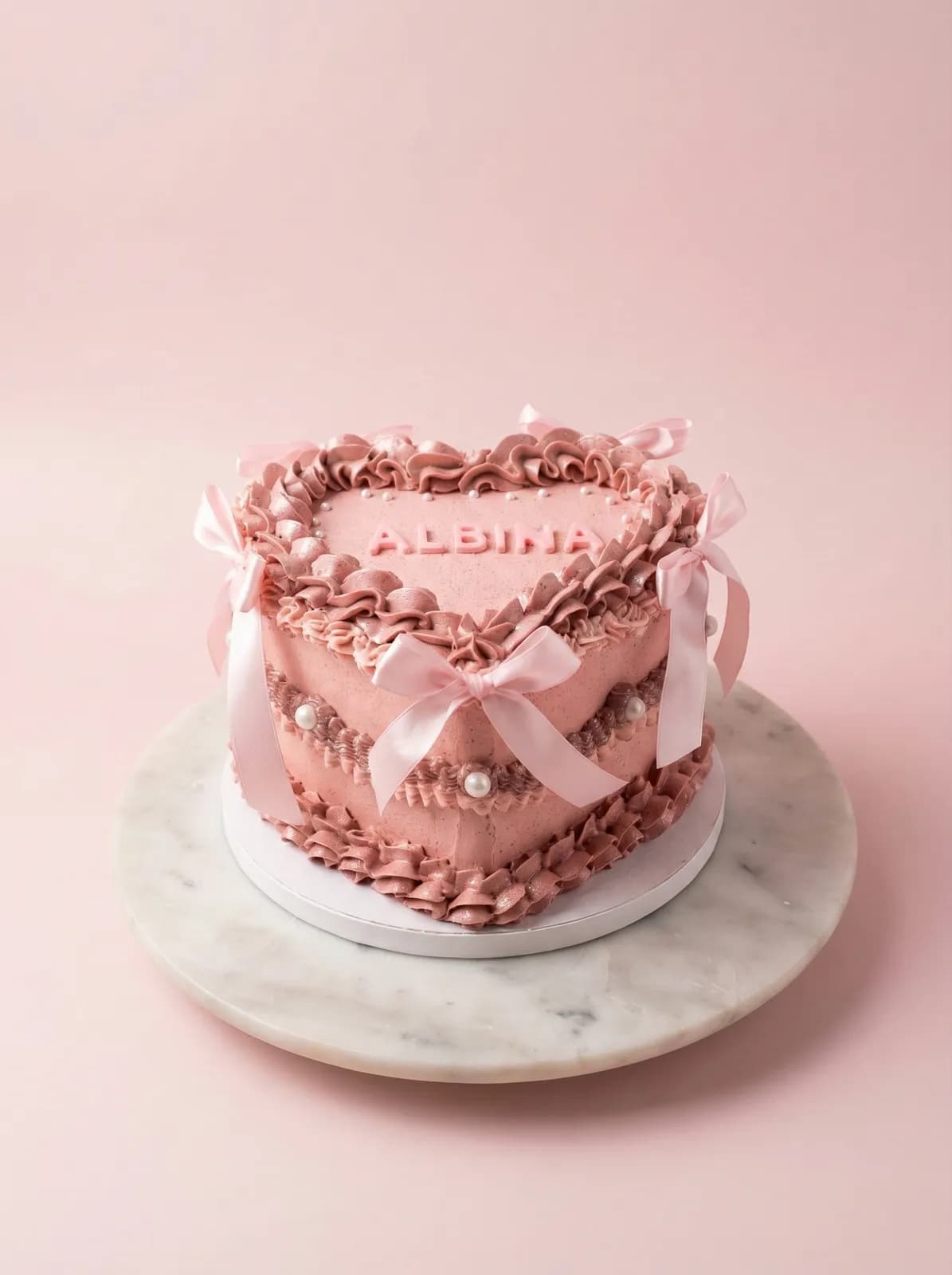 Gâteau cœur vintage à volants roses et nœud en ruban, prénom Albina
