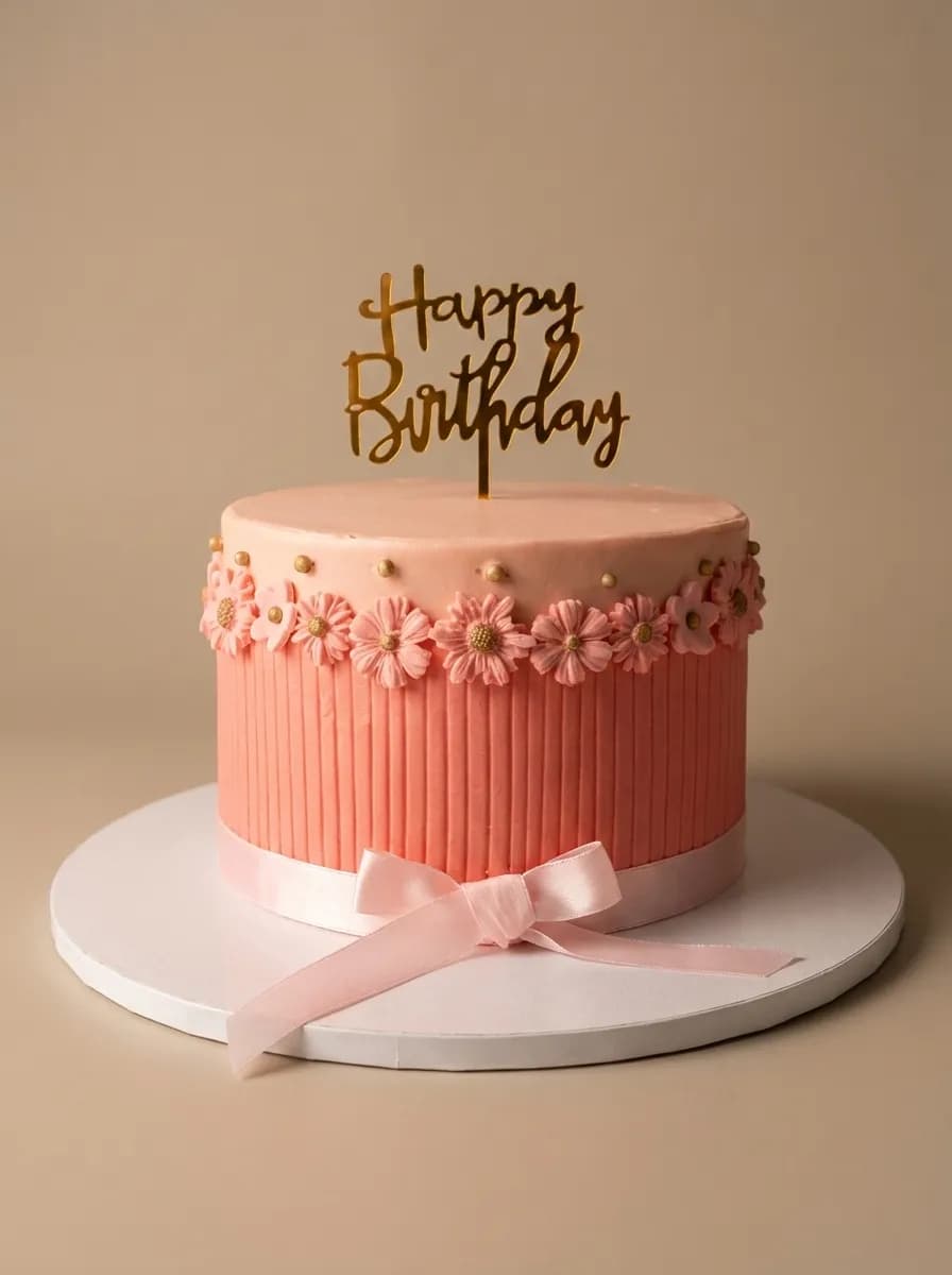 Gâteau d'anniversaire adulte corail plissé avec fleurs et topper Happy Birthday