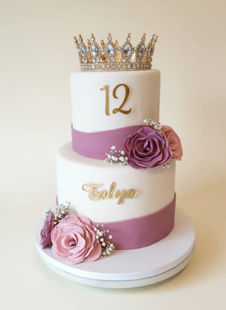 Gâteau à deux étages blanc et mauve avec roses pour les 12 ans de Tolya