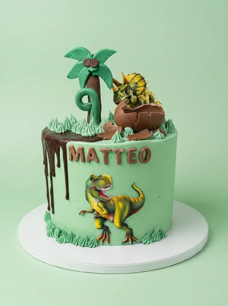 Gâteau d'anniversaire dinosaure T-rex avec coulures de chocolat pour un garçon de 9 ans