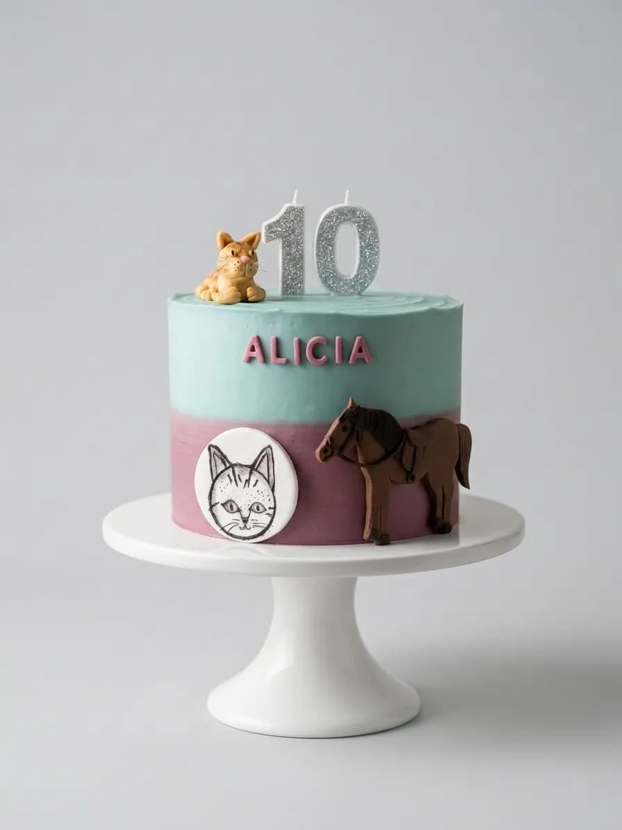Gâteau d'anniversaire bleu ciel avec chat et cheval pour les 10 ans d'Alicia