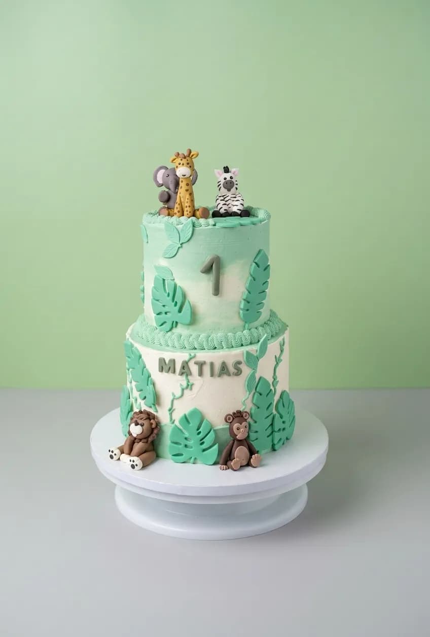 Gâteau jungle à deux étages avec animaux en sucre pour un premier anniversaire