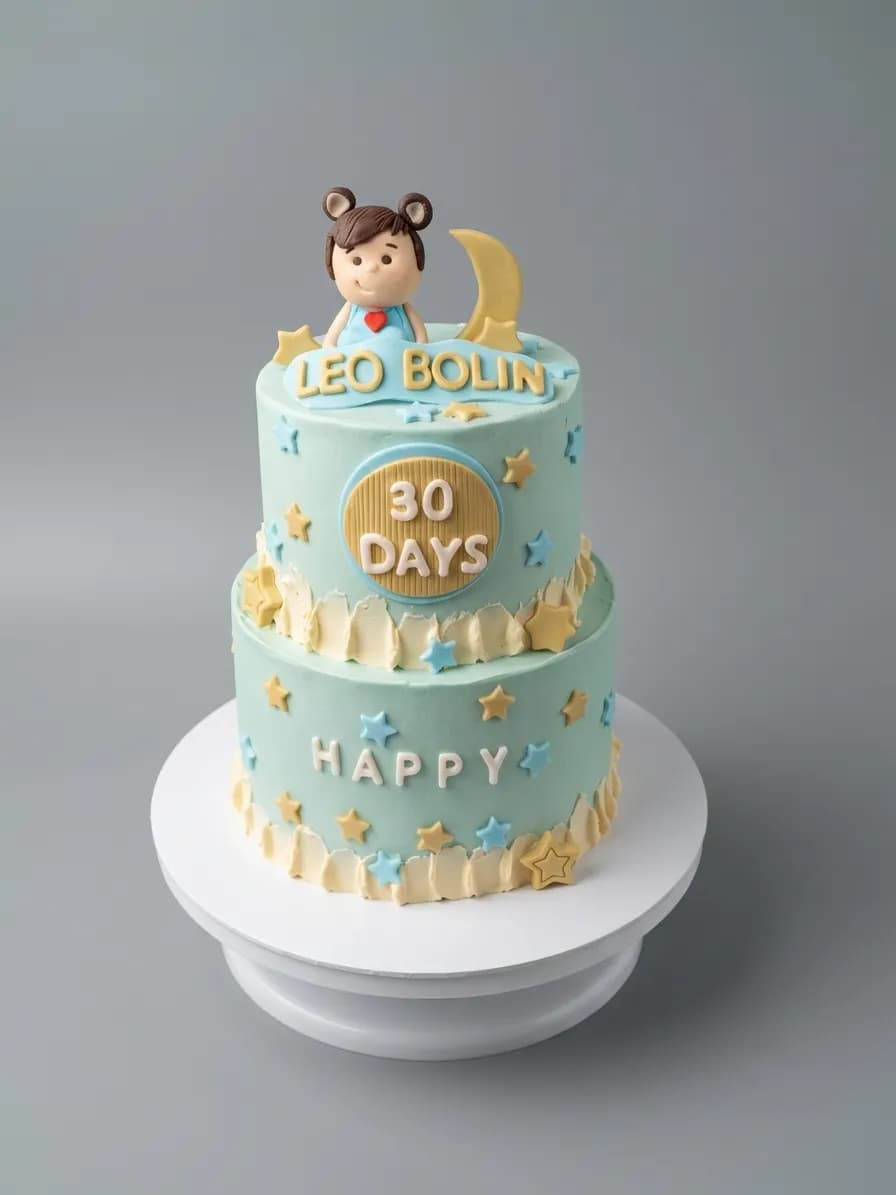 Gâteau bleu tendre à deux étages pour les 30 jours de bébé Léo