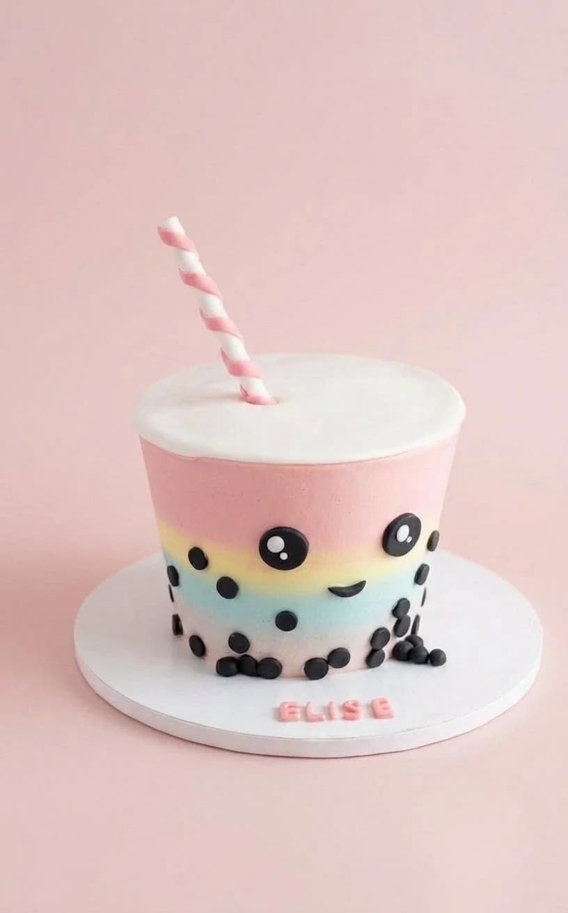 Gâteau d'anniversaire thème bubble tea à un étage pour les 11 ans d'Élise