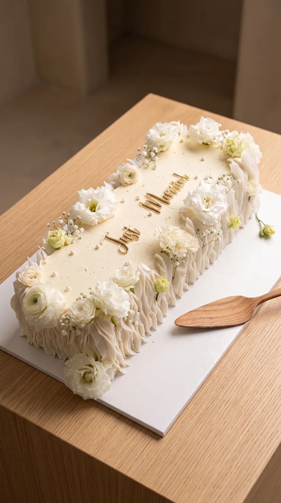 Inspiration gâteau de mariage : esprit vintage doré — Volants à l'ancienne, lettrage or « Just Married », charme rétro.