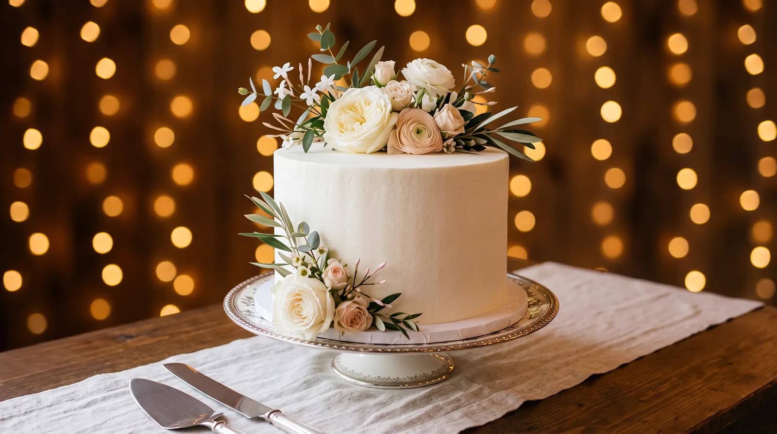Inspiration gâteau de mariage : esprit botanique — Crème délicate, eucalyptus et fleurs de saison, posé sur son présentoir doré.