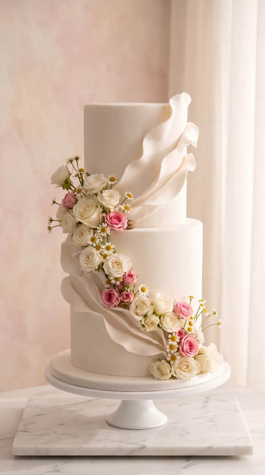Inspiration gâteau de mariage : esprit drapé fleuri — Volutes de crème comme un voile, cascade de roses poudrées.