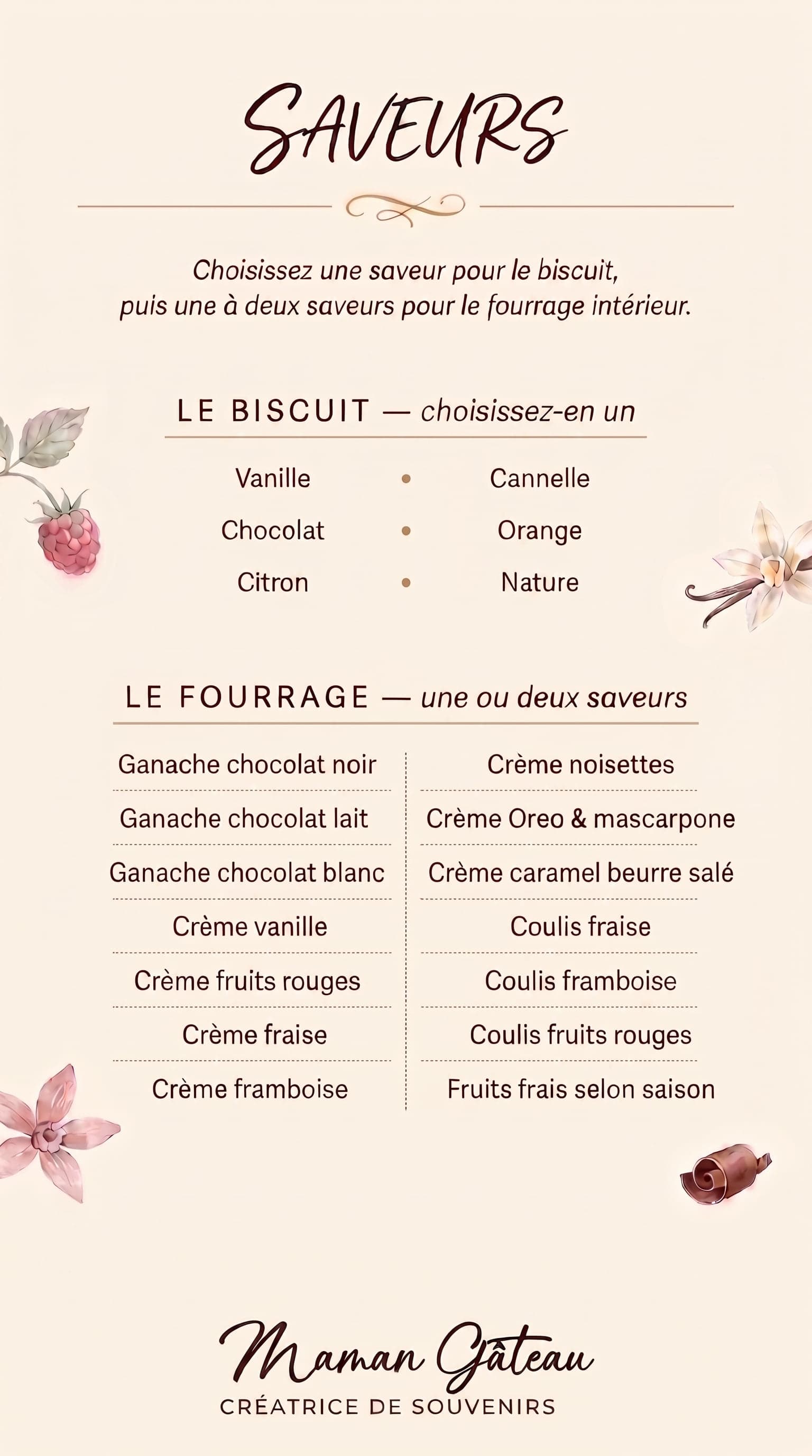 Carte des saveurs Maman Gâteau : six biscuits et quatorze fourrages, des ganaches aux coulis de fruits